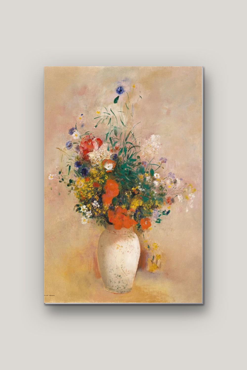Bouquet sur Fond Rose – Redon, poster en métal sur fond uni