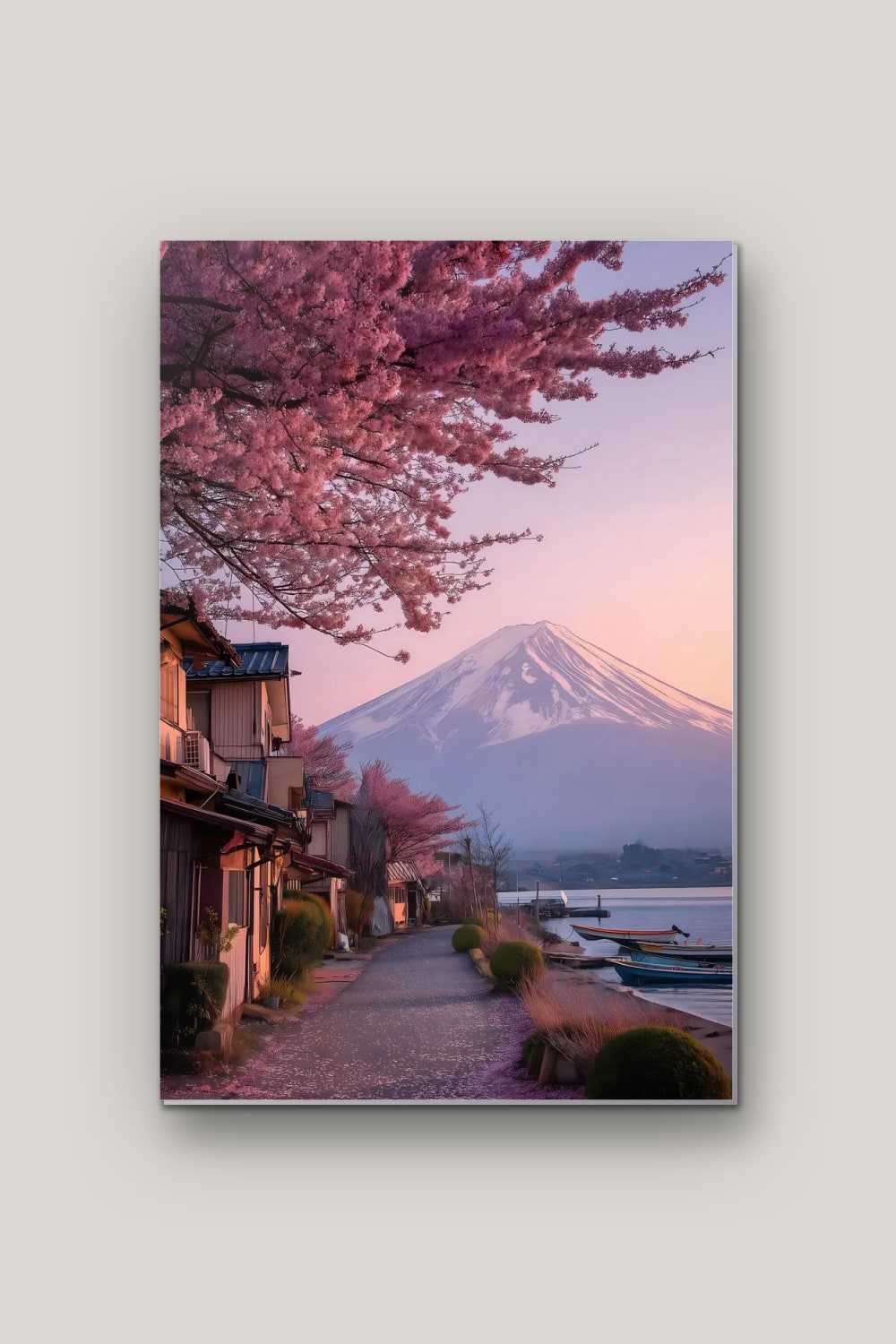 Mont Fuji en Fleurs, poster en métal sur fond uni