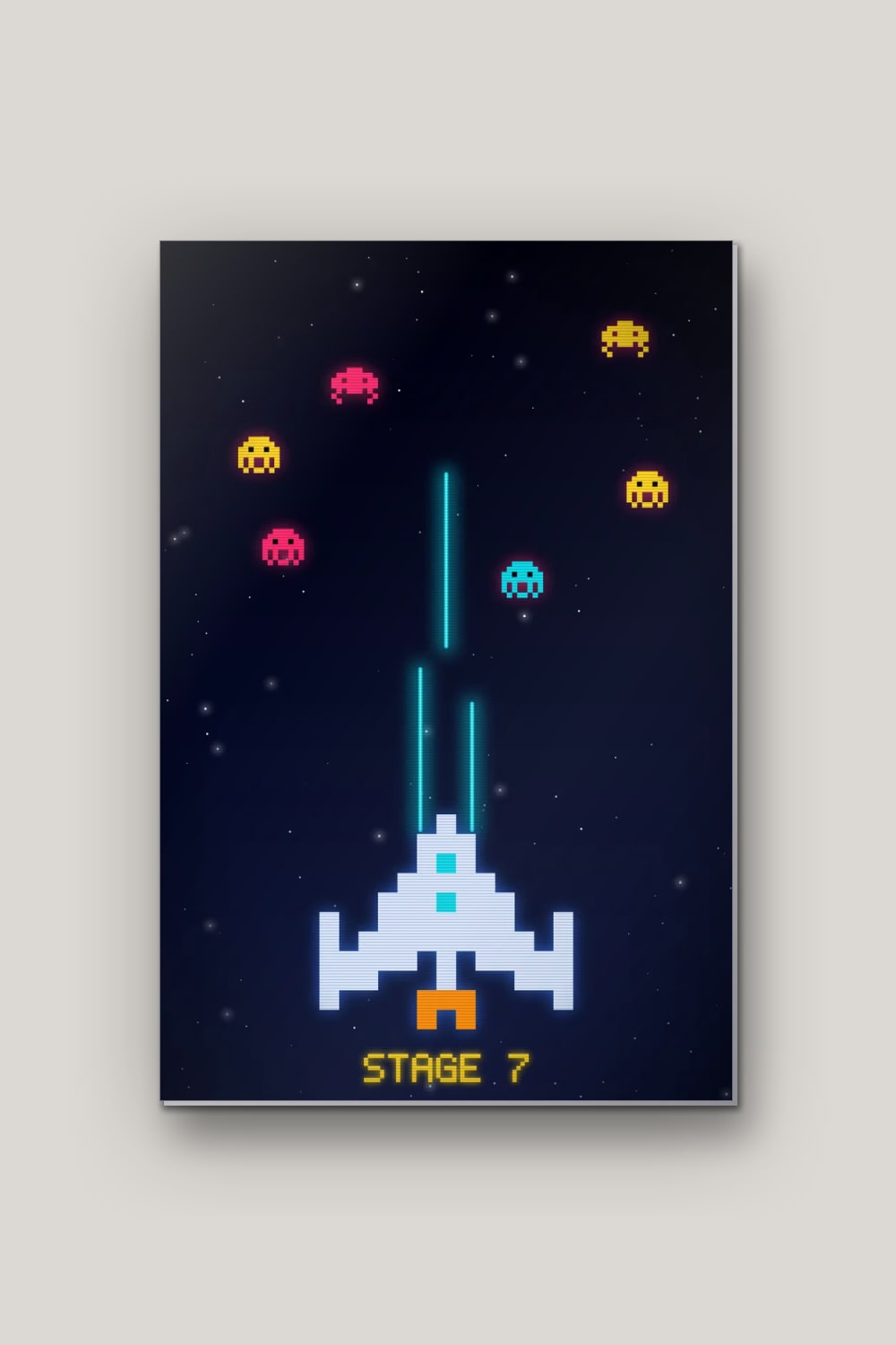 Vaisseau Pixel, poster en métal sur fond uni