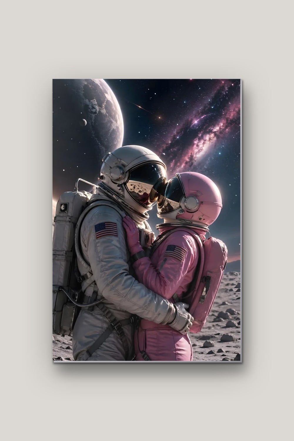 L'Amour en Apesanteur, poster en métal sur fond uni