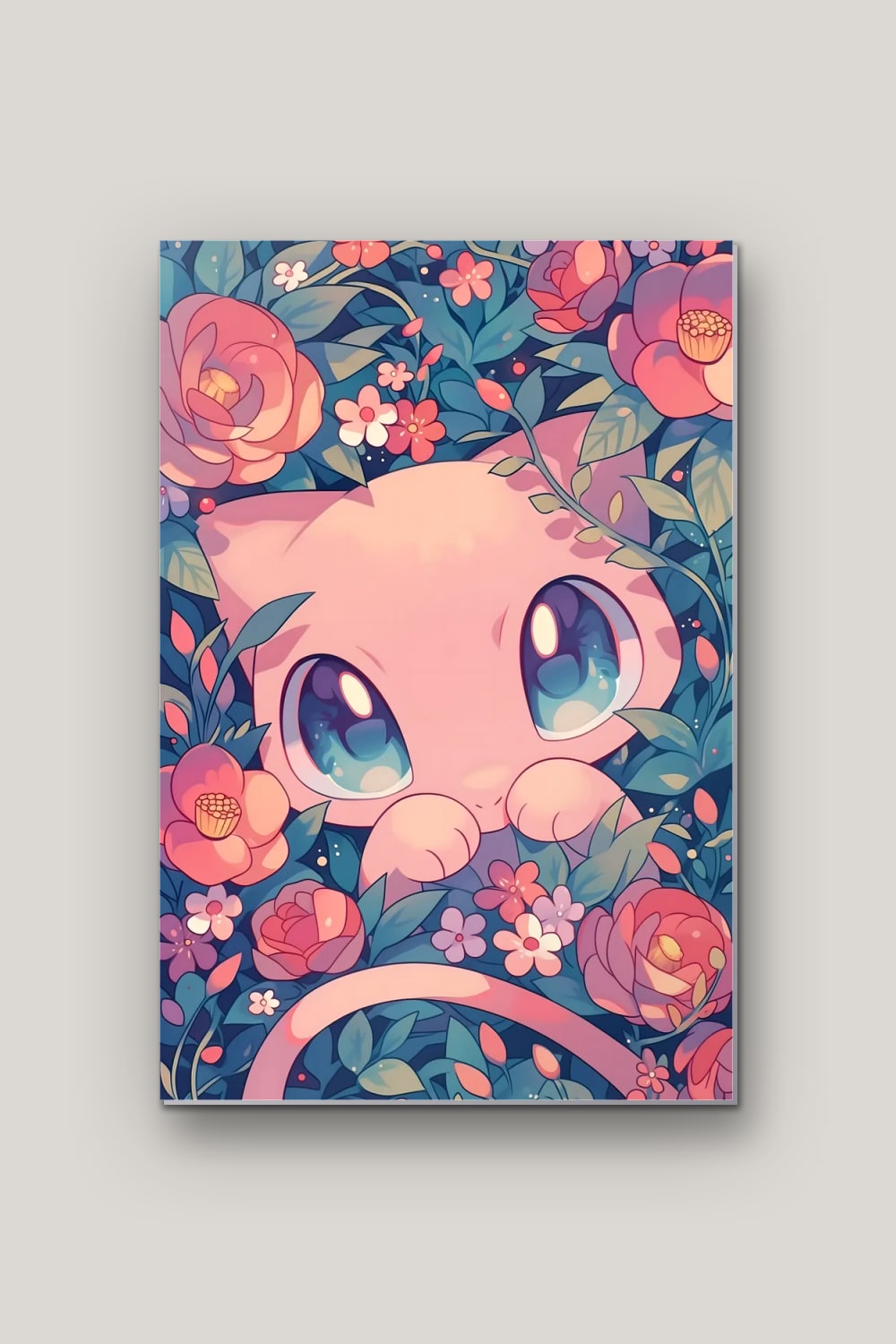 Chaton Rose en Fleurs, poster en métal sur fond uni