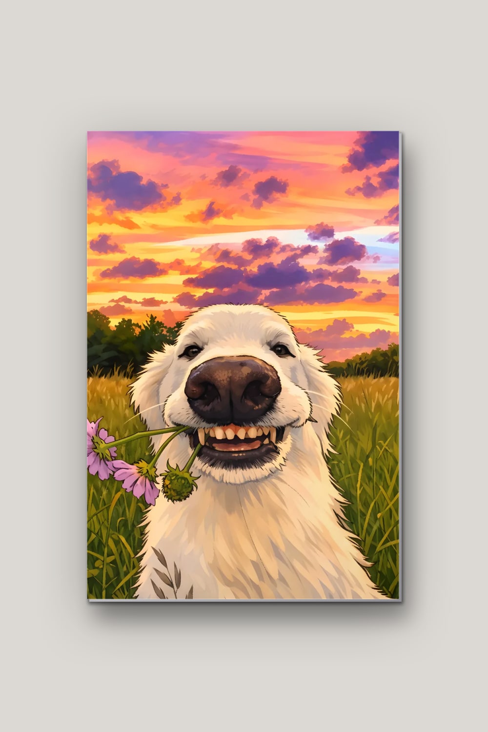 Le Chien Souriant, poster en métal sur fond uni