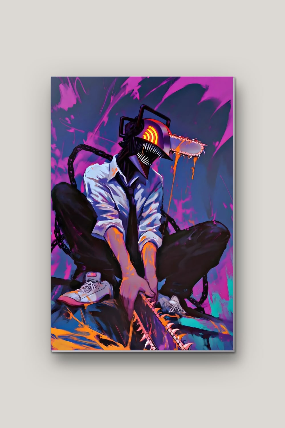 L'Homme-Tronçonneuse, poster en métal sur fond uni