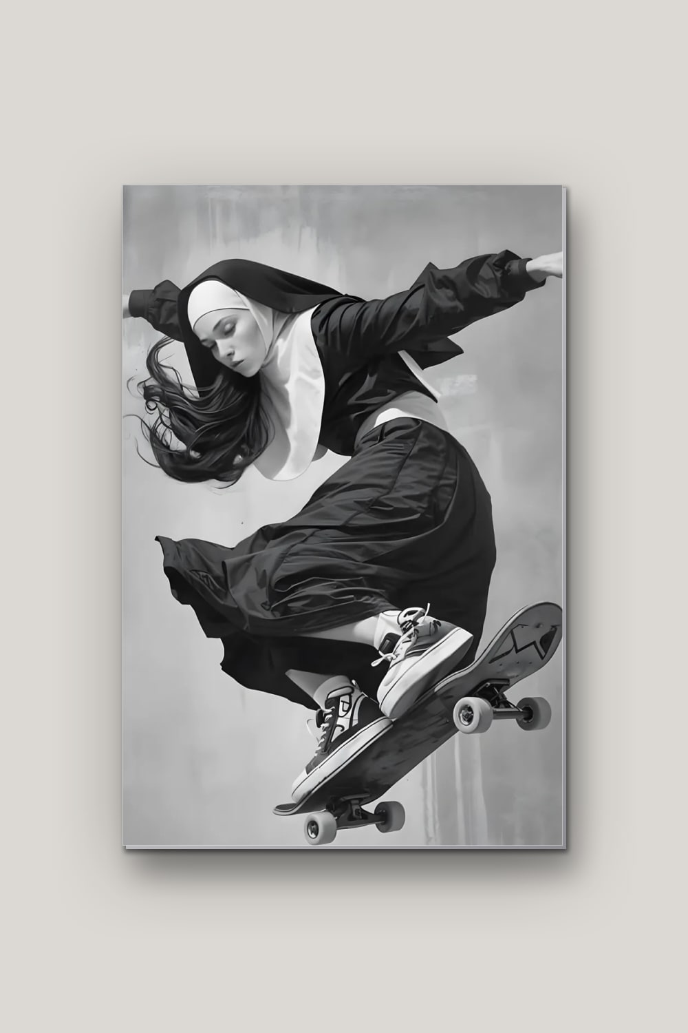 La Nonne Skateuse, poster en métal sur fond uni