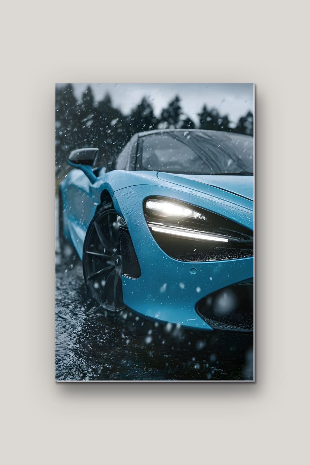 Supercar sous la Neige, poster en métal sur fond uni