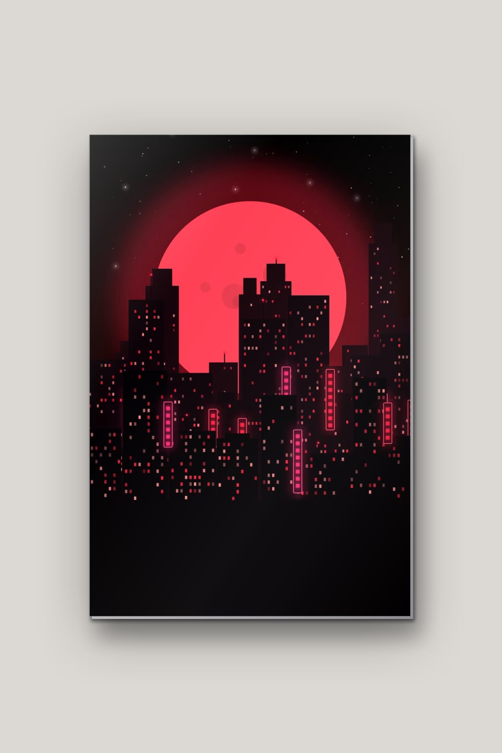 Ville sous la Lune Rouge, poster en métal sur fond uni