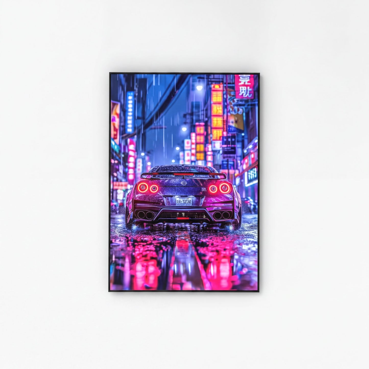 A vibrant, neon-lit cityscape at night, with a sleek, red sports car driving down a rain-soaked street, its headlights and taillights casting a colorful glow on the wet pavement below.