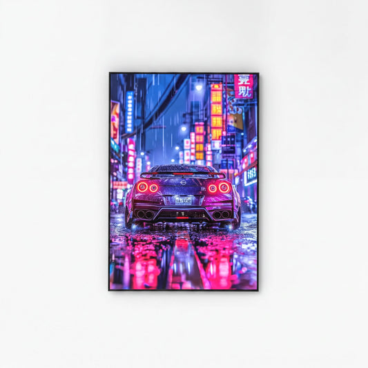 A vibrant, neon-lit cityscape at night, with a sleek, red sports car driving down a rain-soaked street, its headlights and taillights casting a colorful glow on the wet pavement below.