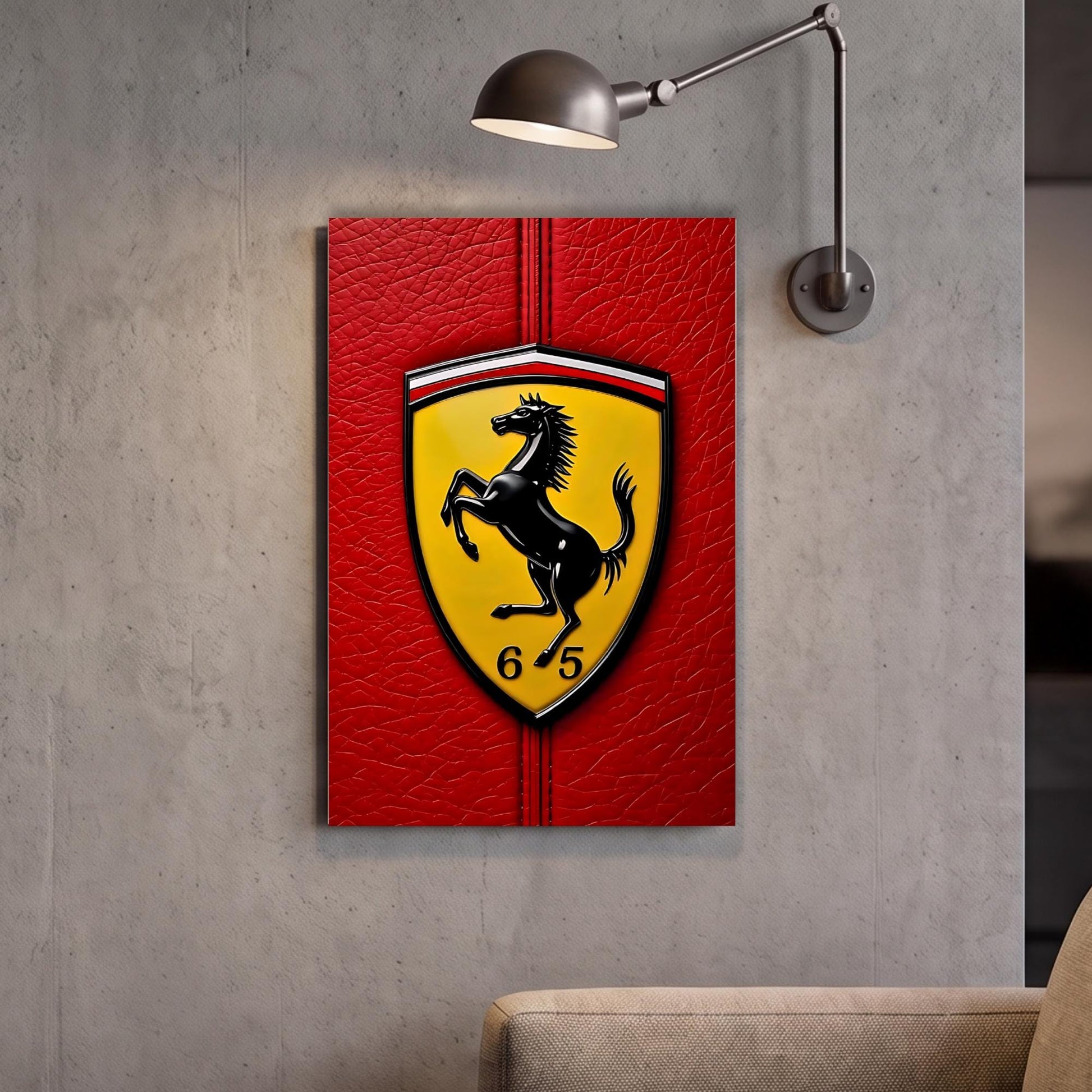 a Ferrari emblem on a red background, mounted on a wall.