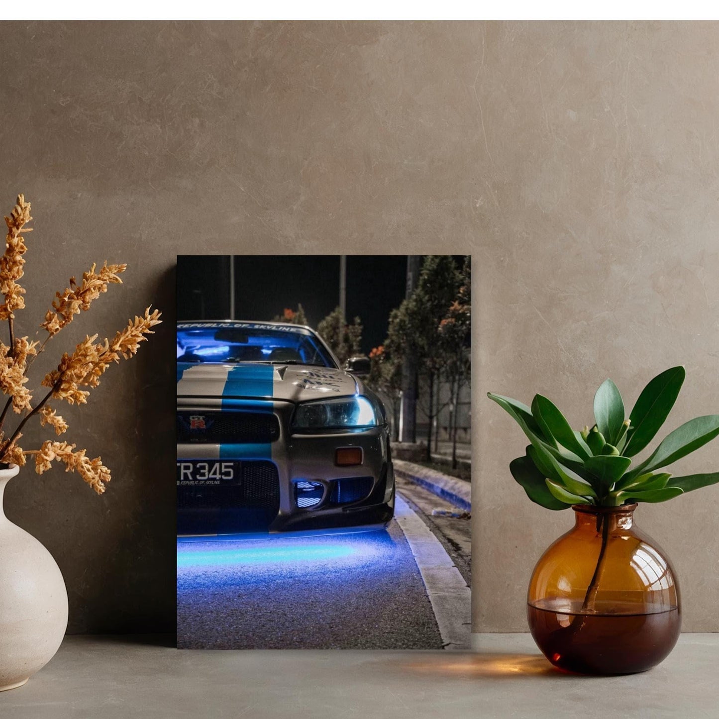 R34 Japanese Sports Car – Neon Blue JDM Drift Wall Art | High Gloss Metal Poster