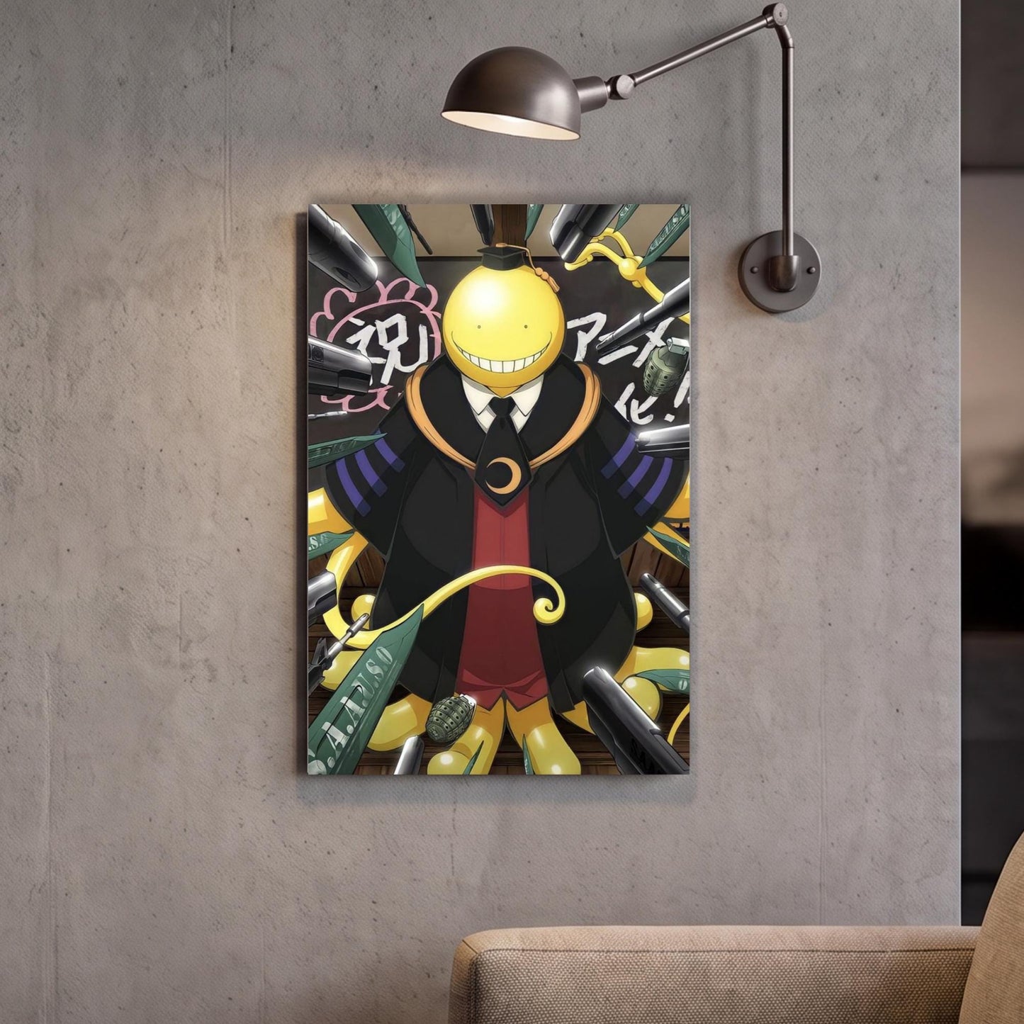 a colorful and whimsical illustration of a character with a yellow face, surrounded by various objects and text.