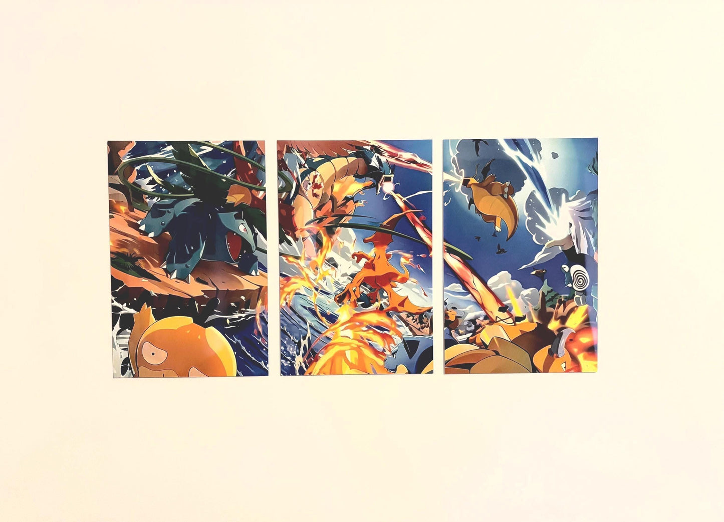 Kanto Starters Metal Poster – Anime Triptych Wall Art Featuring Charizard, Blastoise & Venusaur