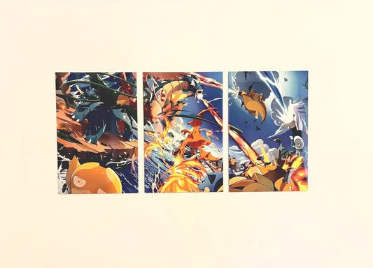 Kanto Starters Metal Poster – Anime Triptych Wall Art Featuring Charizard, Blastoise & Venusaur