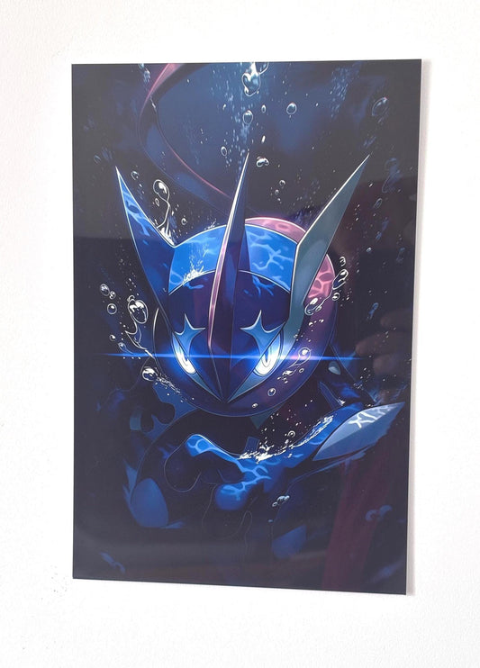 Greninja Metal Poster – Cyber Ninja Wall Art | Futuristic Aluminum Print With Neon Blue