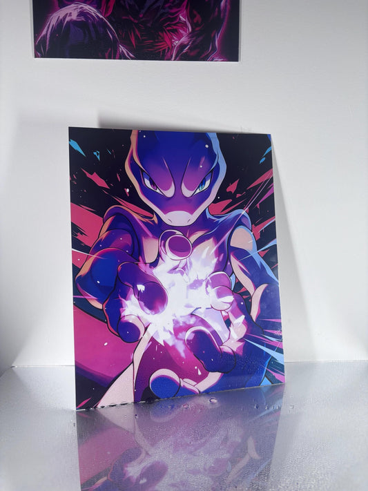 Mewtwo Neon Poster – Legendary Pokémon Art | Neon Psychic Print on Aluminum Metal