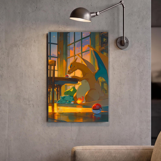 a vibrant and colorful painting of a dragon-like creature, likely inspired by the Pokémon franchise, displayed on a wall.