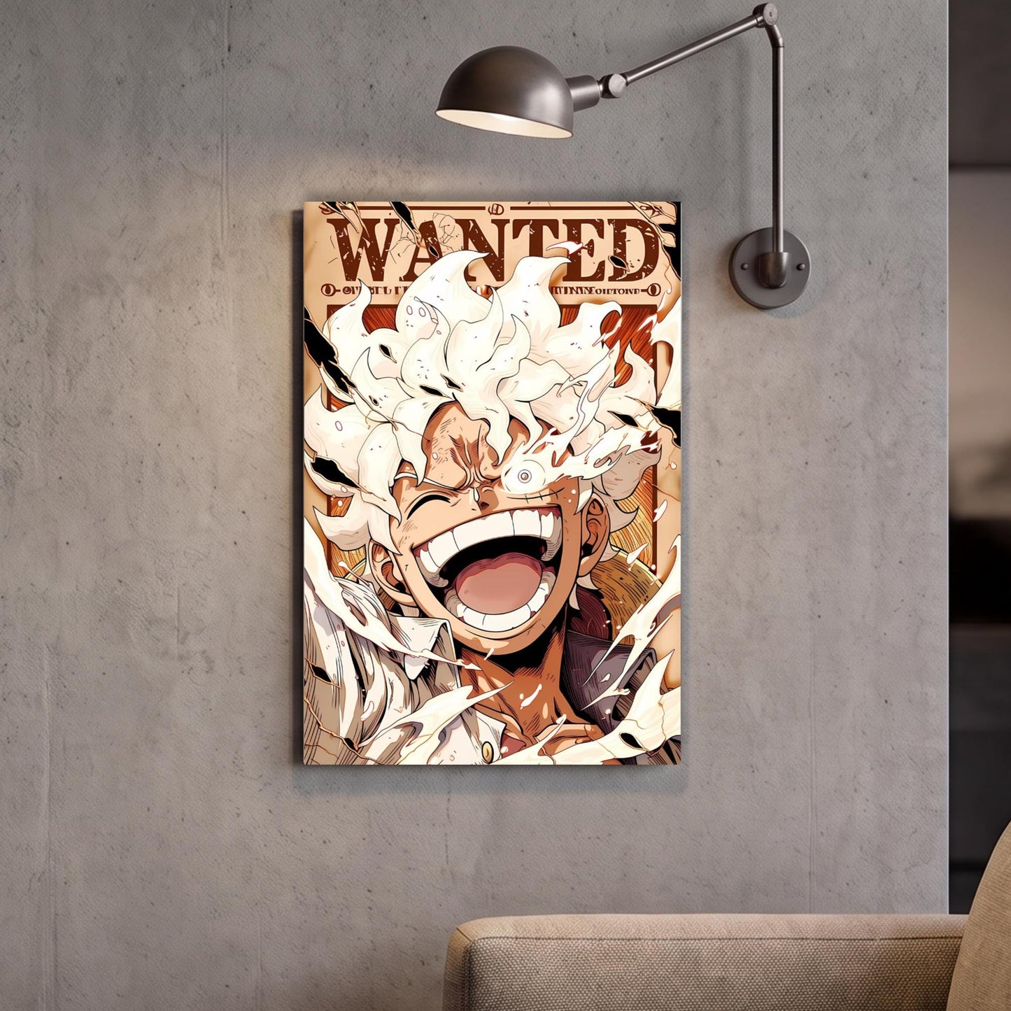 The image is a poster or artwork featuring a smiling, cartoonish character with a large, expressive smile. The character appears to be a person with a big, happy expression. The artwork is displayed on a wall, and there is a light fixture above it.