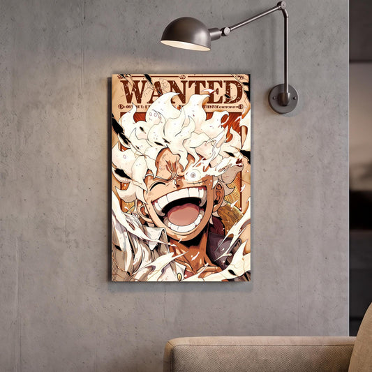 The image is a poster or artwork featuring a smiling, cartoonish character with a large, expressive smile. The character appears to be a person with a big, happy expression. The artwork is displayed on a wall, and there is a light fixture above it.