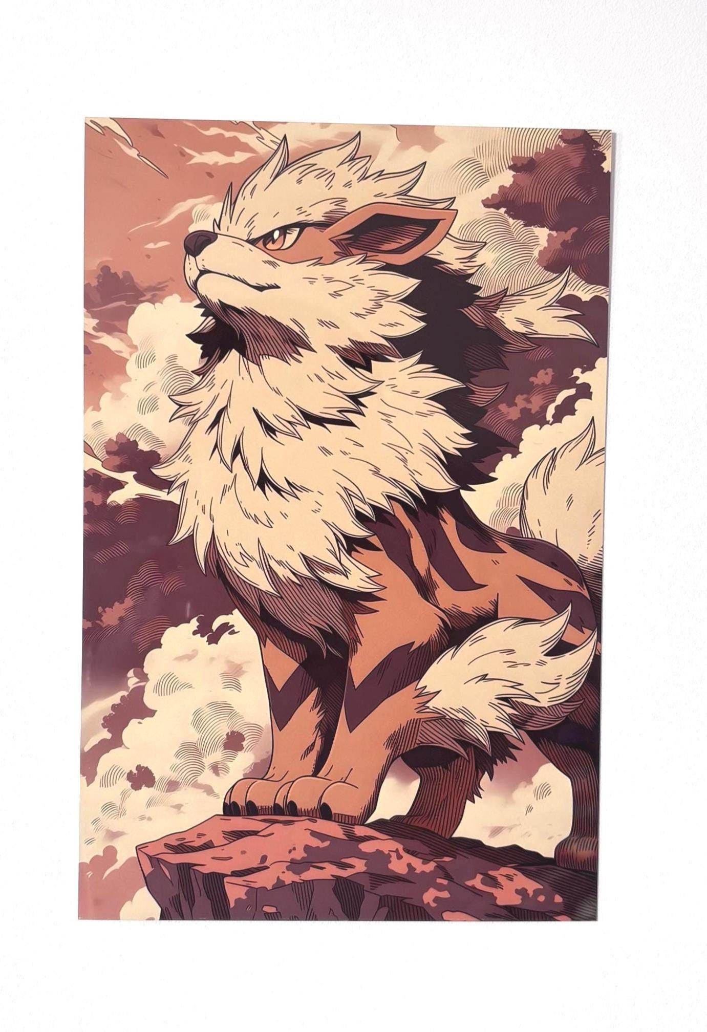 Tableau métallique en aluminium brillant représentant le Pokémon Arcanin debout fièrement de profil sur un rocher, regardant vers un ciel nuageux aux teintes chaudes et dorées de coucher de soleil.