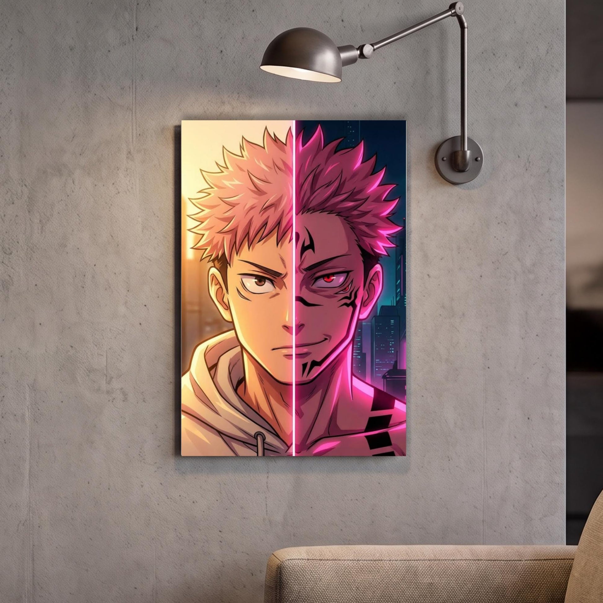 a split-screen artwork depicting a male character with spiky hair and a serious expression, with one half showing a pink background and the other half showing a dark background.
