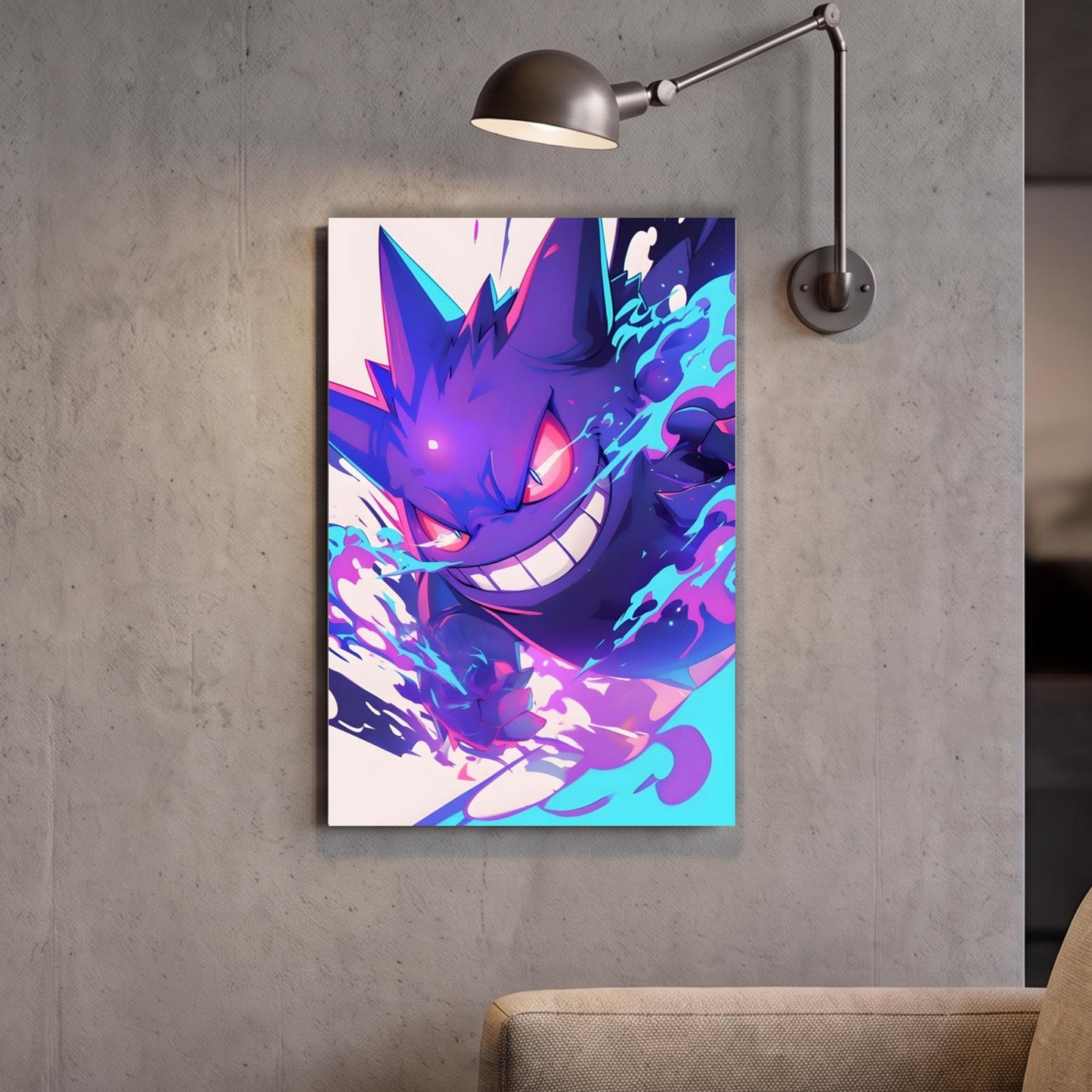 a vibrant, colorful poster of a cartoon character with a fierce expression, hanging on a wall.