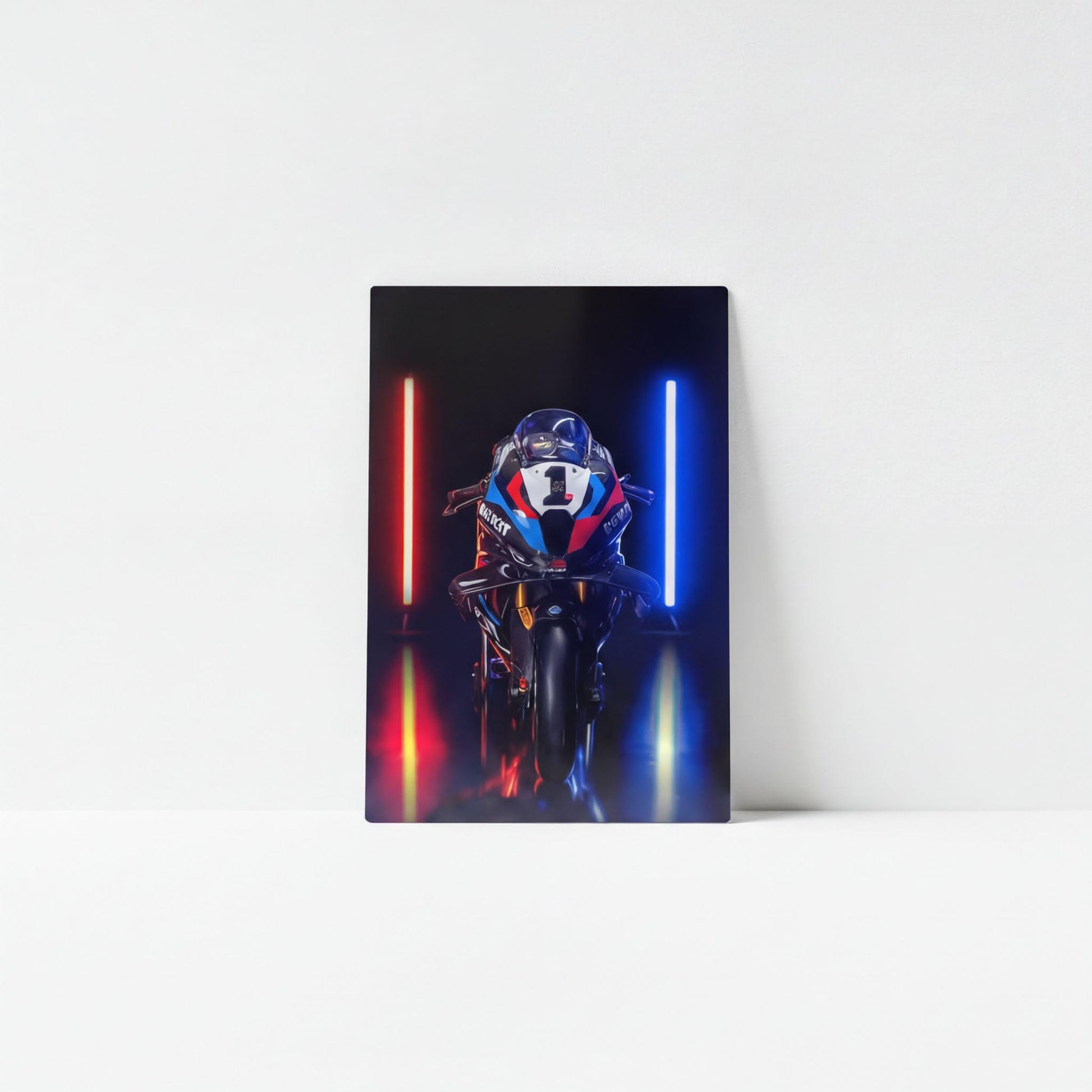 A motorcycle with a blue and red stripe is positioned in front of two glowing red and blue lights, creating a visually striking and dynamic scene.