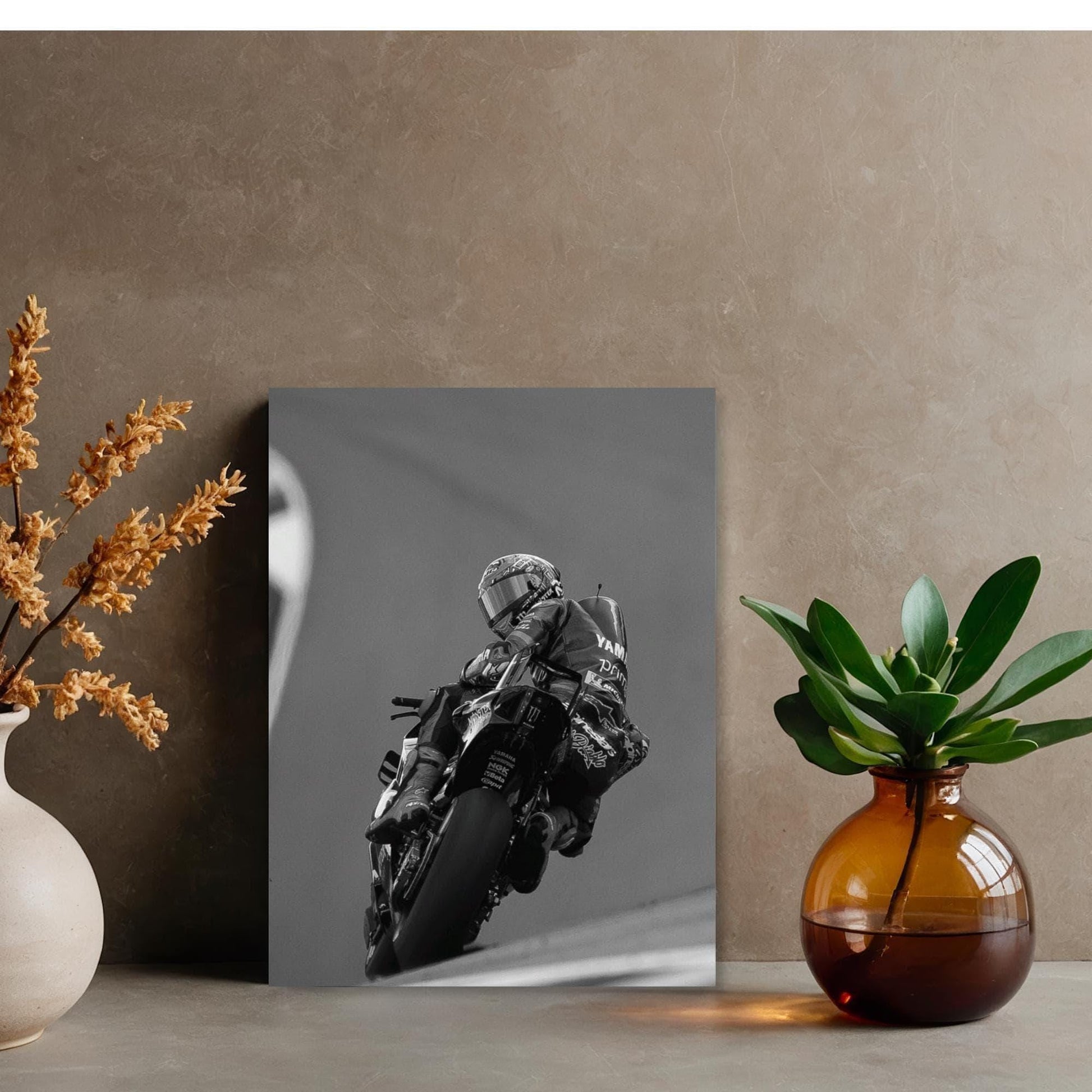 a black and white photograph of a person riding a motorcycle, with a vase of flowers and a potted plant on either side of the frame.