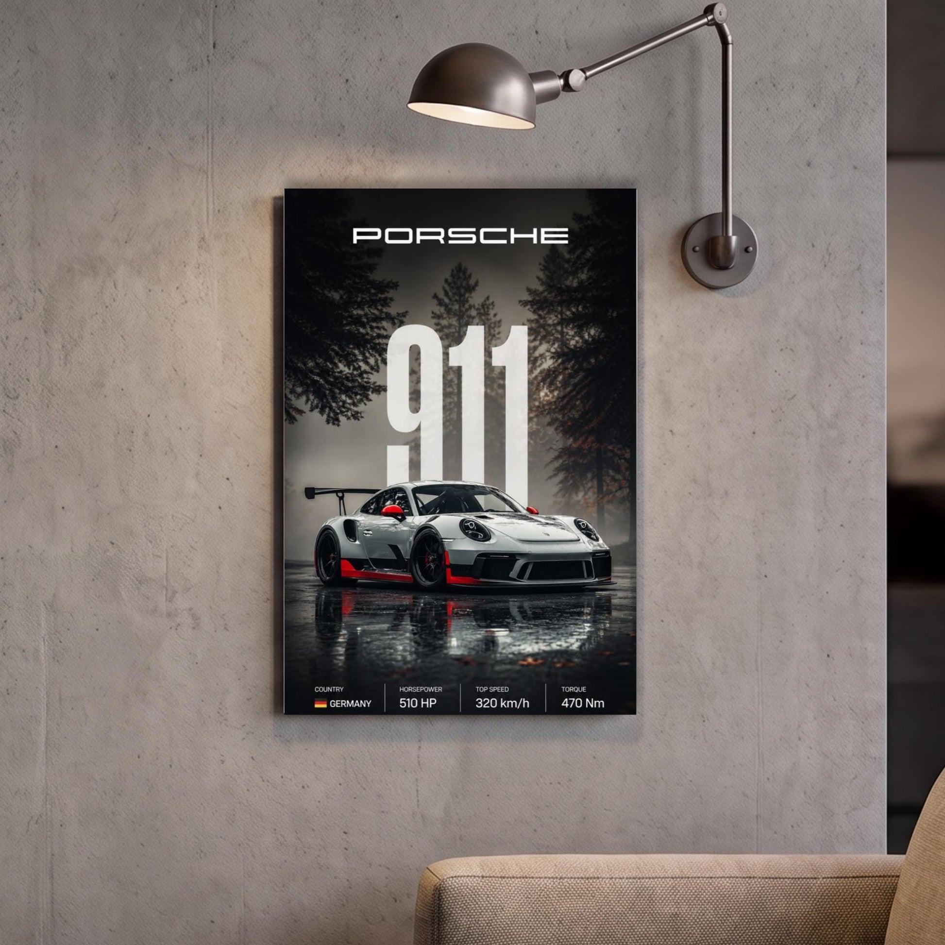 A poster of a Porsche 911 sports car is displayed on a wall, with a lamp fixture above it.
