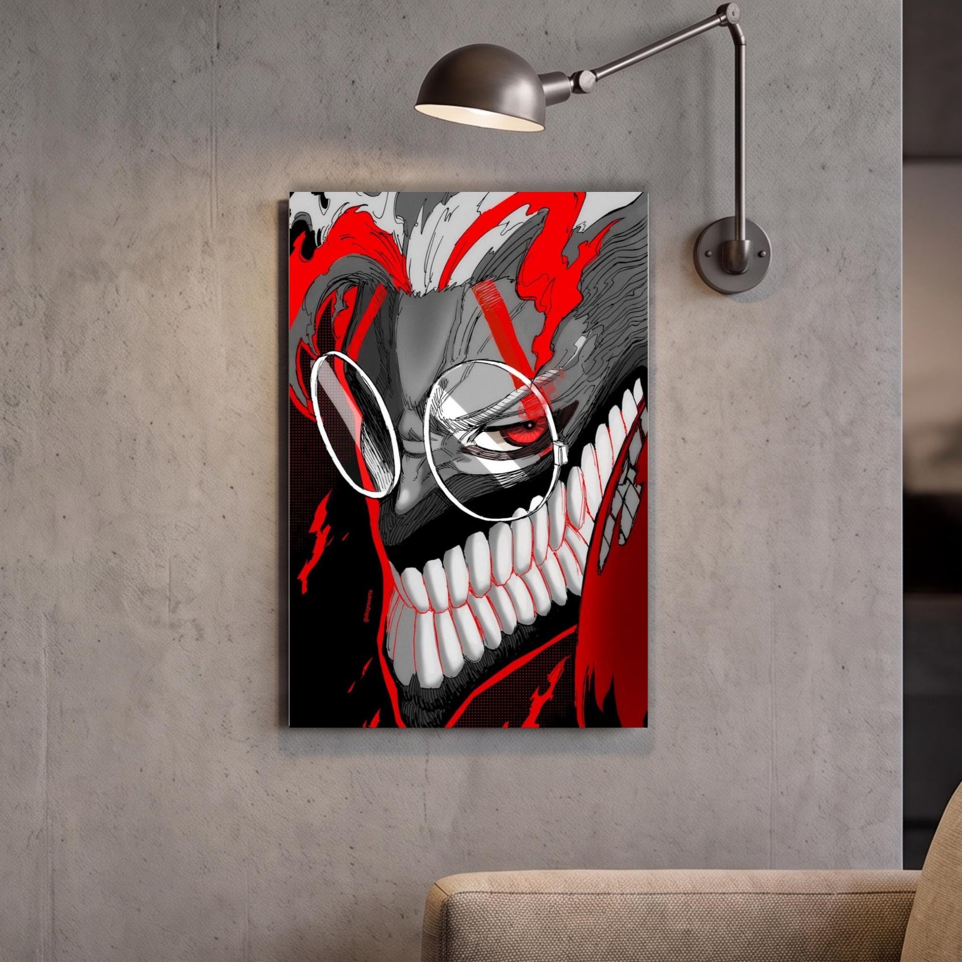 a large, striking artwork of a monster with a menacing expression, including a pair of large, menacing eyes and a menacing smile. The artwork is displayed on a wall, and there is a lamp fixture above it.