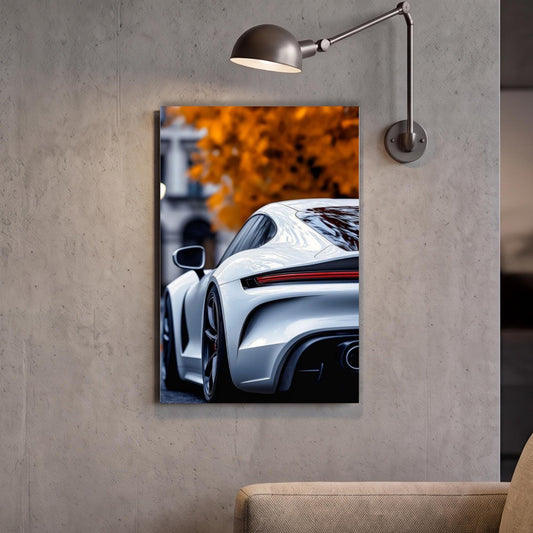a white sports car parked on a street, with a blurred background of trees and buildings.