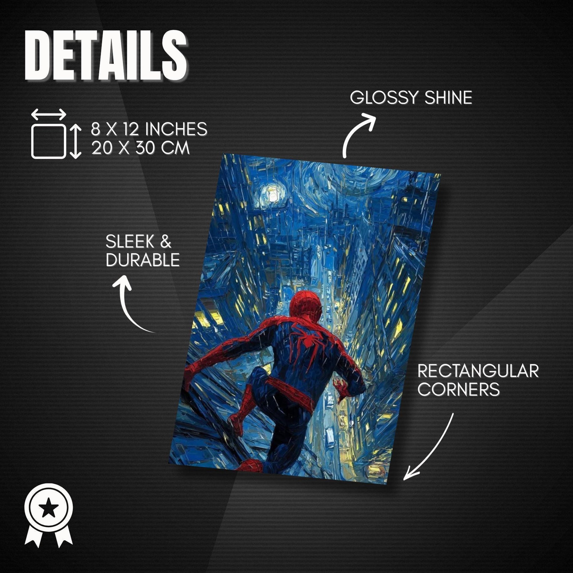 The image is a painting of Spider-Man in a cityscape, with a glossy shine effect. The painting is rectangular and has a sleek and durable finish. The painting features rectangular corners.