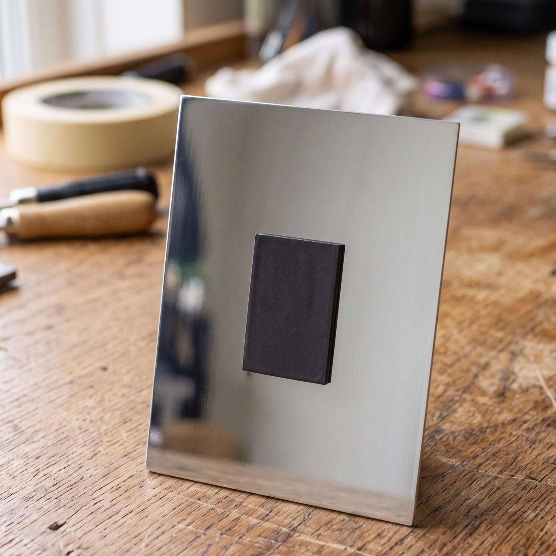 A silver-colored metal frame with a black square magnet attached to it, placed on a wooden surface.
