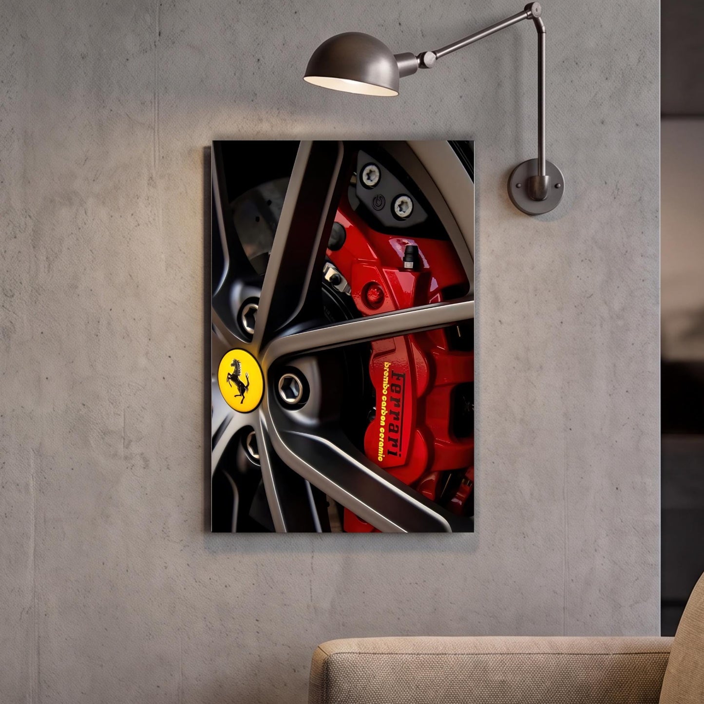 a close-up view of a Ferrari-branded wheel, showcasing the intricate details and design of the wheel.
