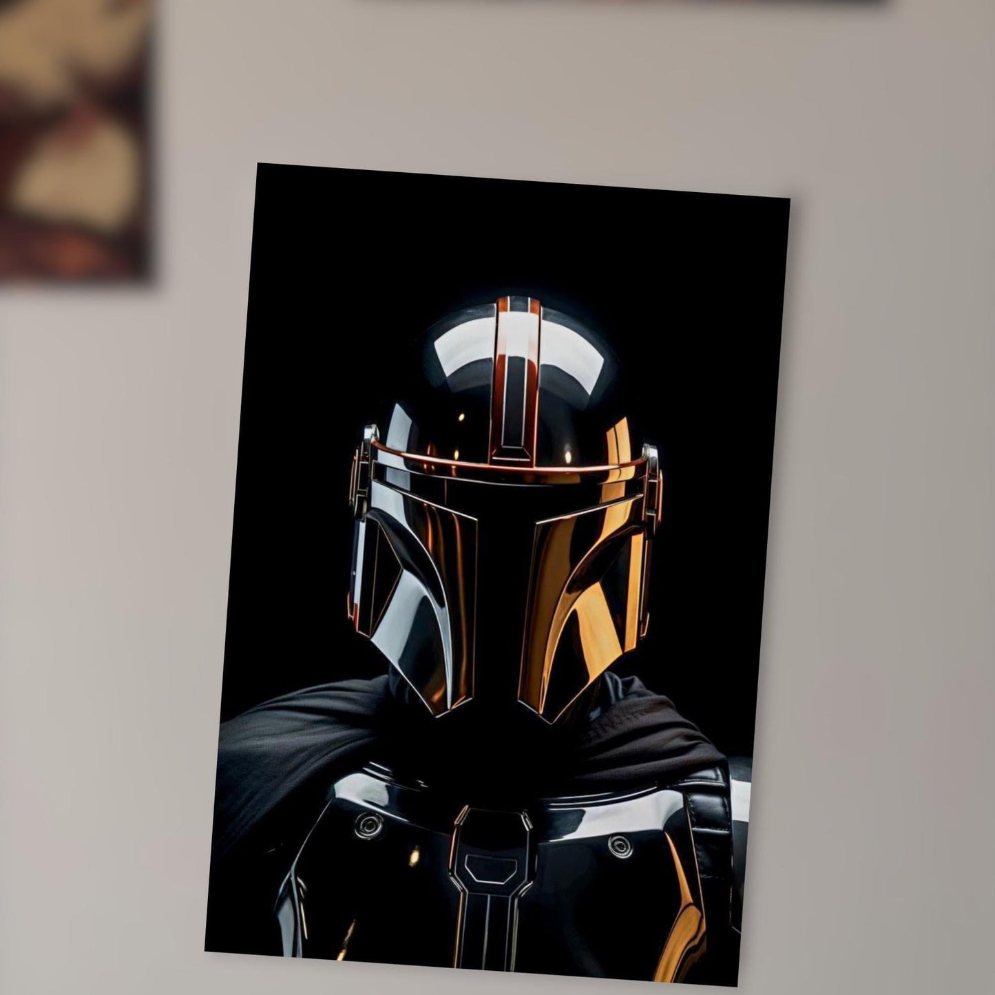 a close-up of a shiny, metallic helmet with a reflective surface, set against a dark background.