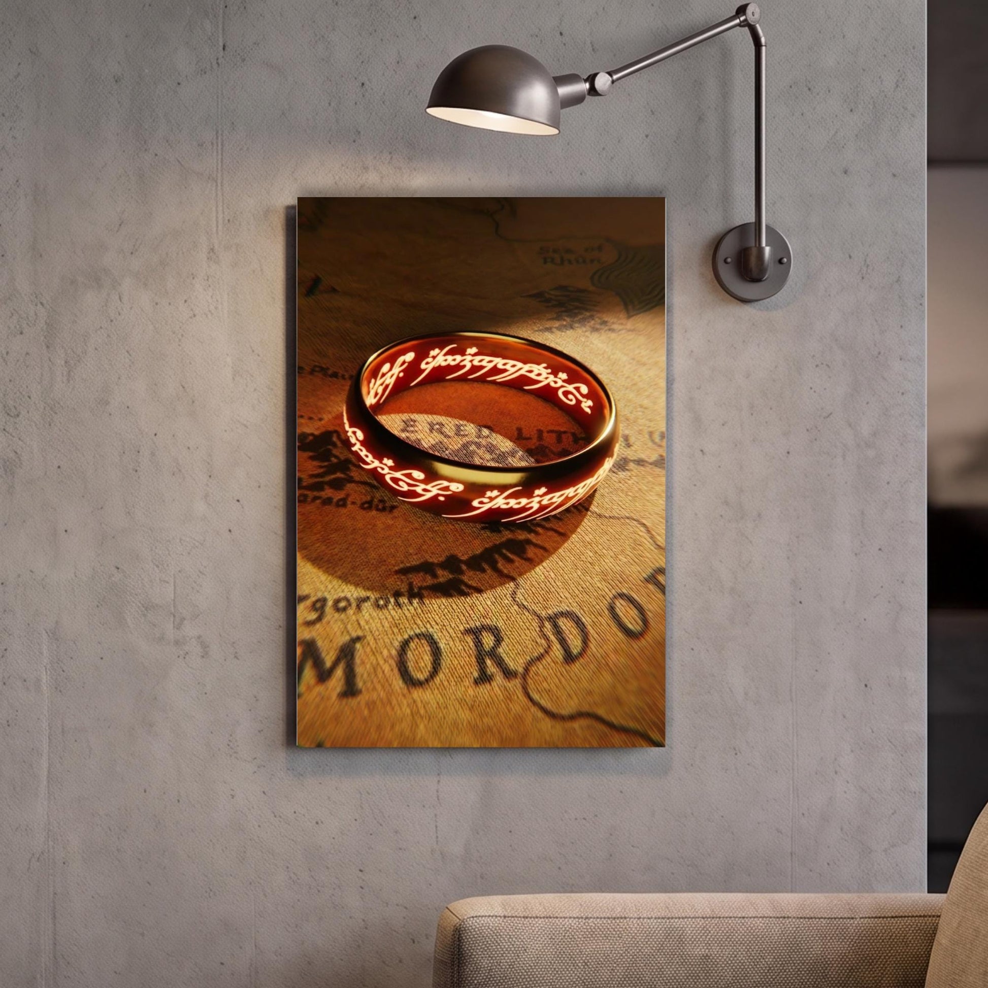 a ring with a red and gold design, which appears to be a piece of jewelry, displayed on a wall.