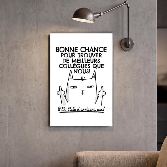 a humorous cartoon cat with a mischievous expression, accompanied by text in French that reads " bonne chance pour trouver de meilleurs collégues que nous!"