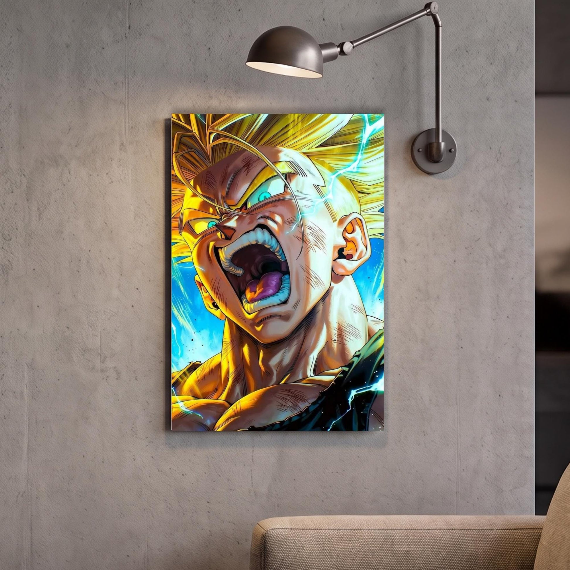 A vibrant, colorful digital artwork depicting a fierce-looking anime-style character with an intense expression, set against a backdrop of blue and yellow energy.