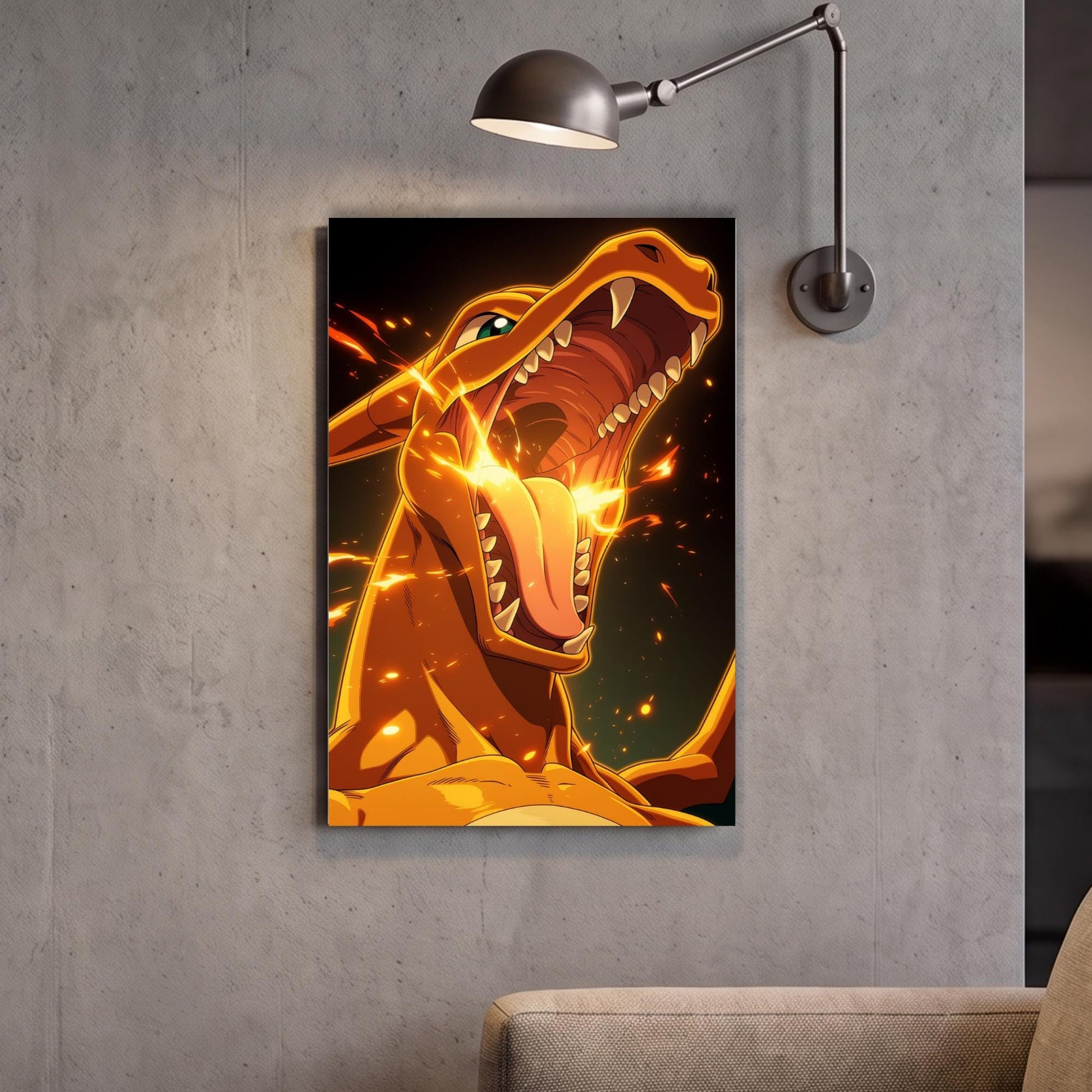 a vibrant and dynamic illustration of a fiery dragon with its mouth wide open, surrounded by flames and energy.
