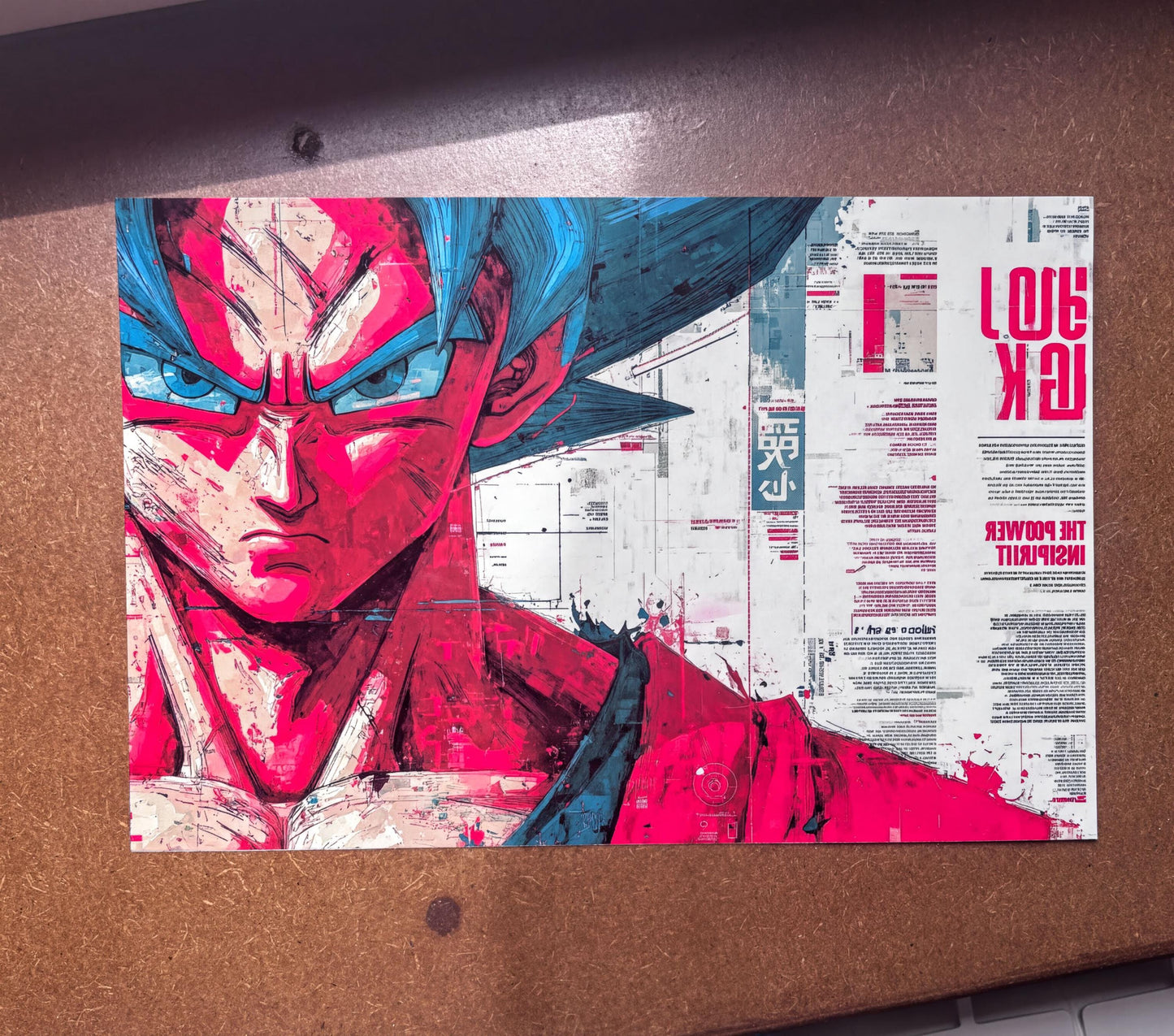 The image is a vibrant and colorful poster featuring a close-up of a character with intense blue eyes and a determined expression. The poster is displayed on a corkboard, and the background is filled with various texts and graphics, creating a visually striking and dynamic composition.