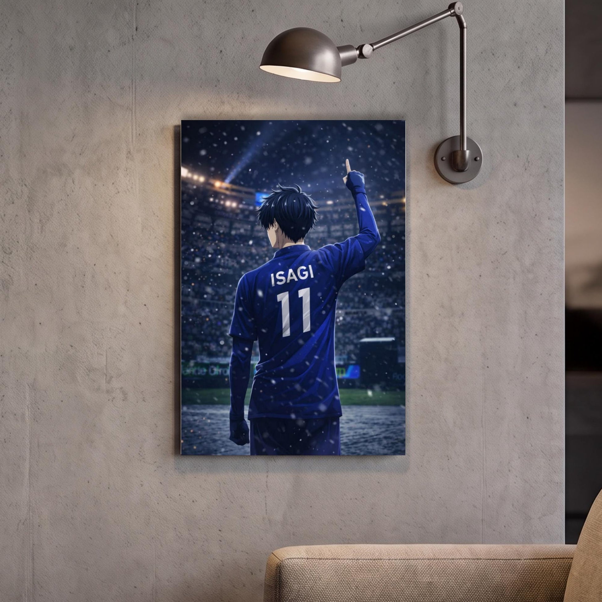 A framed poster of a person wearing a blue jersey with the name "ISAGI" and the number "11" on it, standing in front of a stadium.