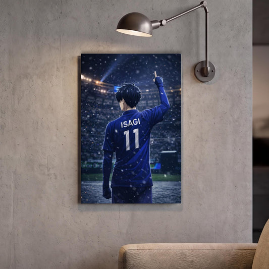 A framed poster of a person wearing a blue jersey with the name "ISAGI" and the number "11" on it, standing in front of a stadium.