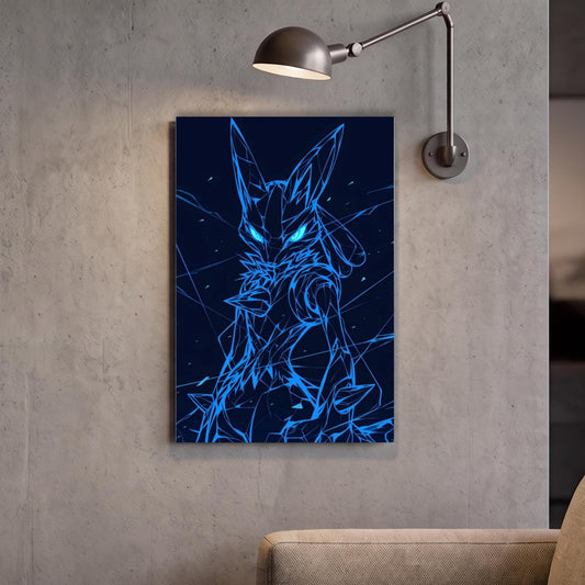 a dark blue abstract artwork with a blue and white color scheme, hanging on a wall.