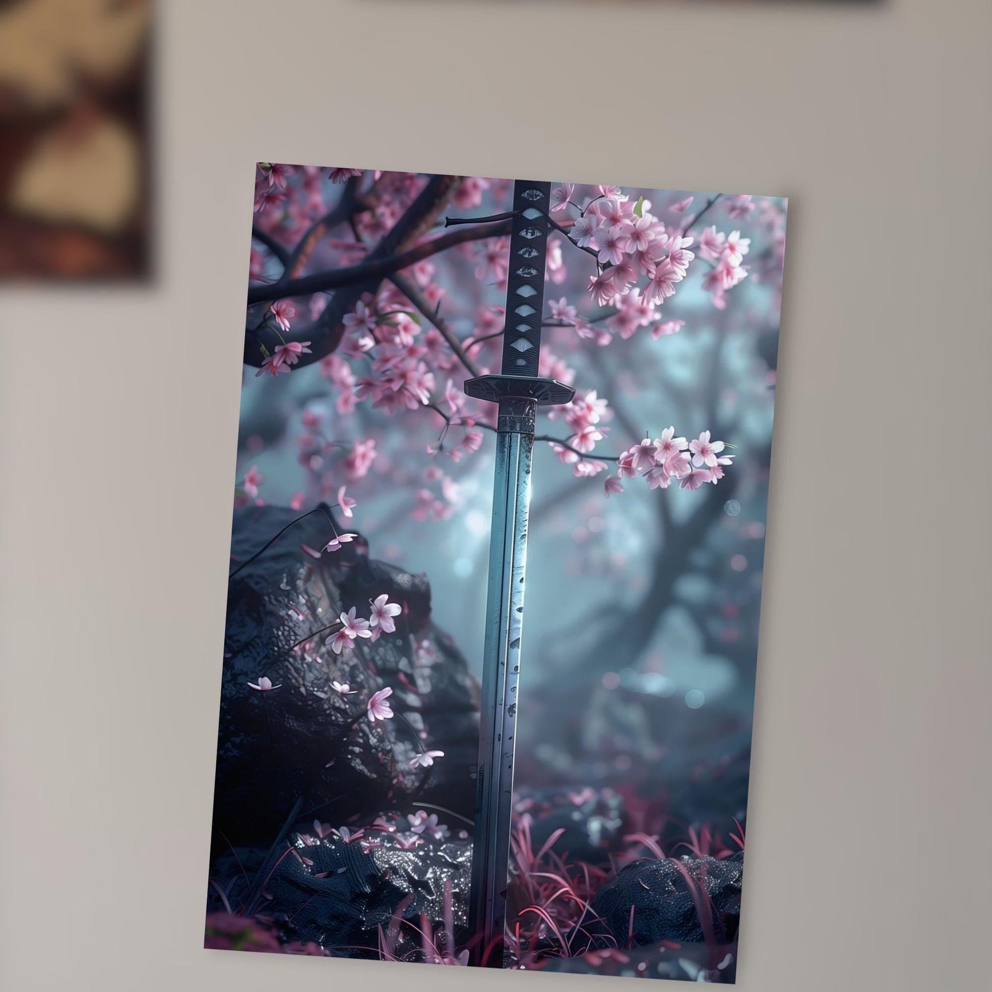 A sword stands in a field of pink flowers, surrounded by rocks and trees, creating a serene and mystical scene.