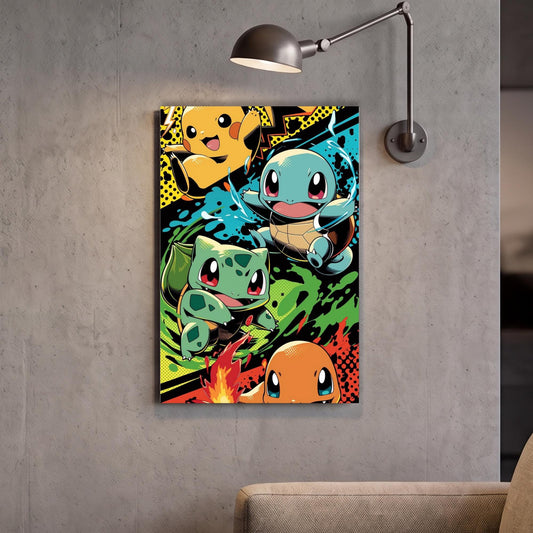 A vibrant and colorful poster featuring characters from the Pokémon franchise, including Pikachu, Quiksilver, Bulby, and Charizard, set against a backdrop of various Pokémon elements.