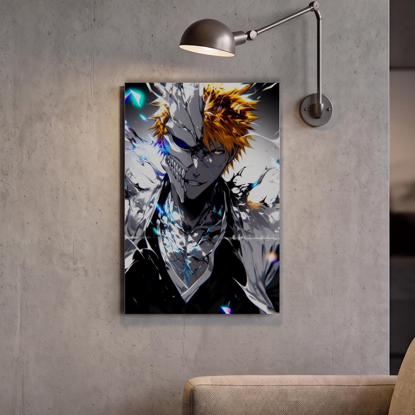 a poster of a character with a distinctive hairstyle and intense facial expression, hanging on a wall.