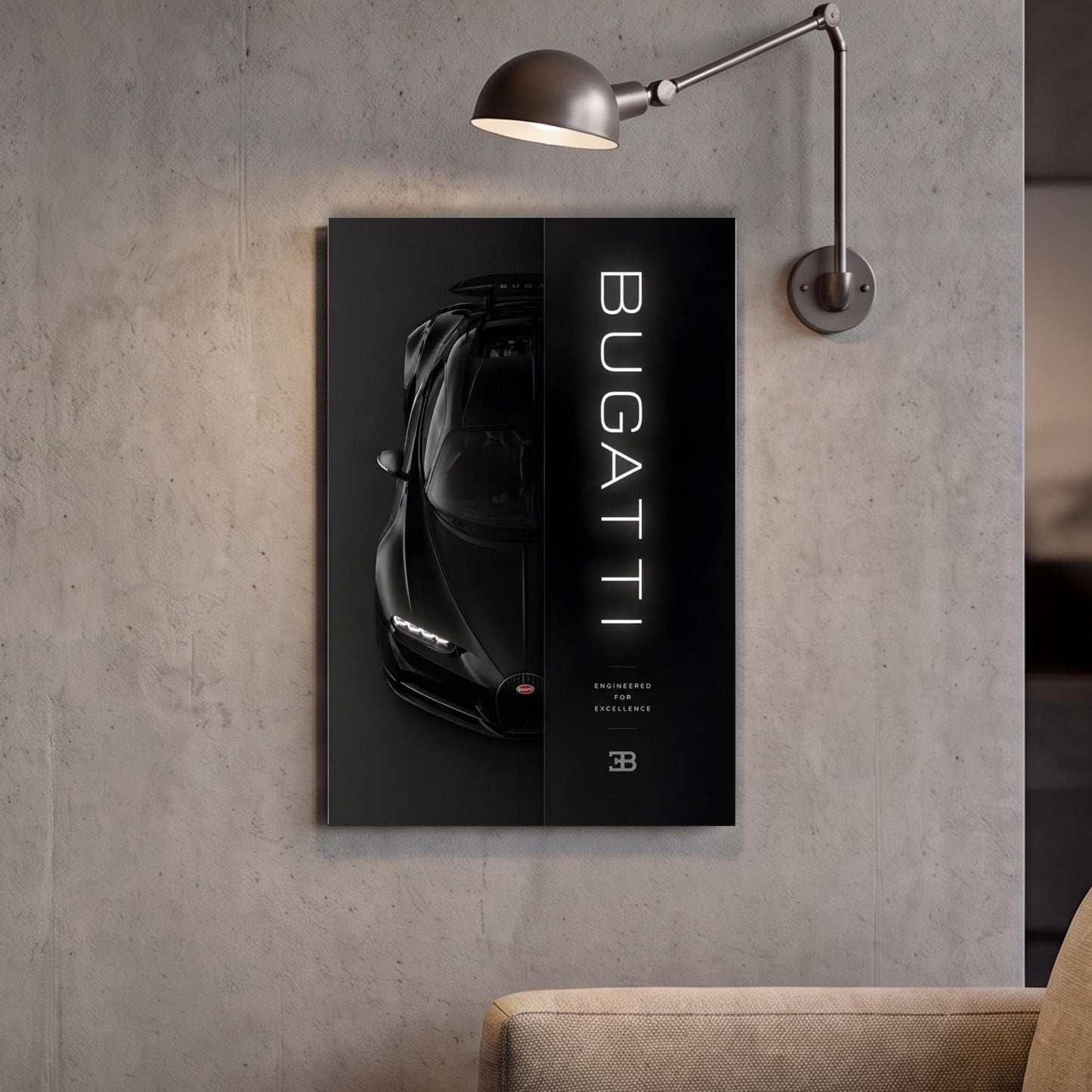 a poster of a Bugatti car hanging on a wall.