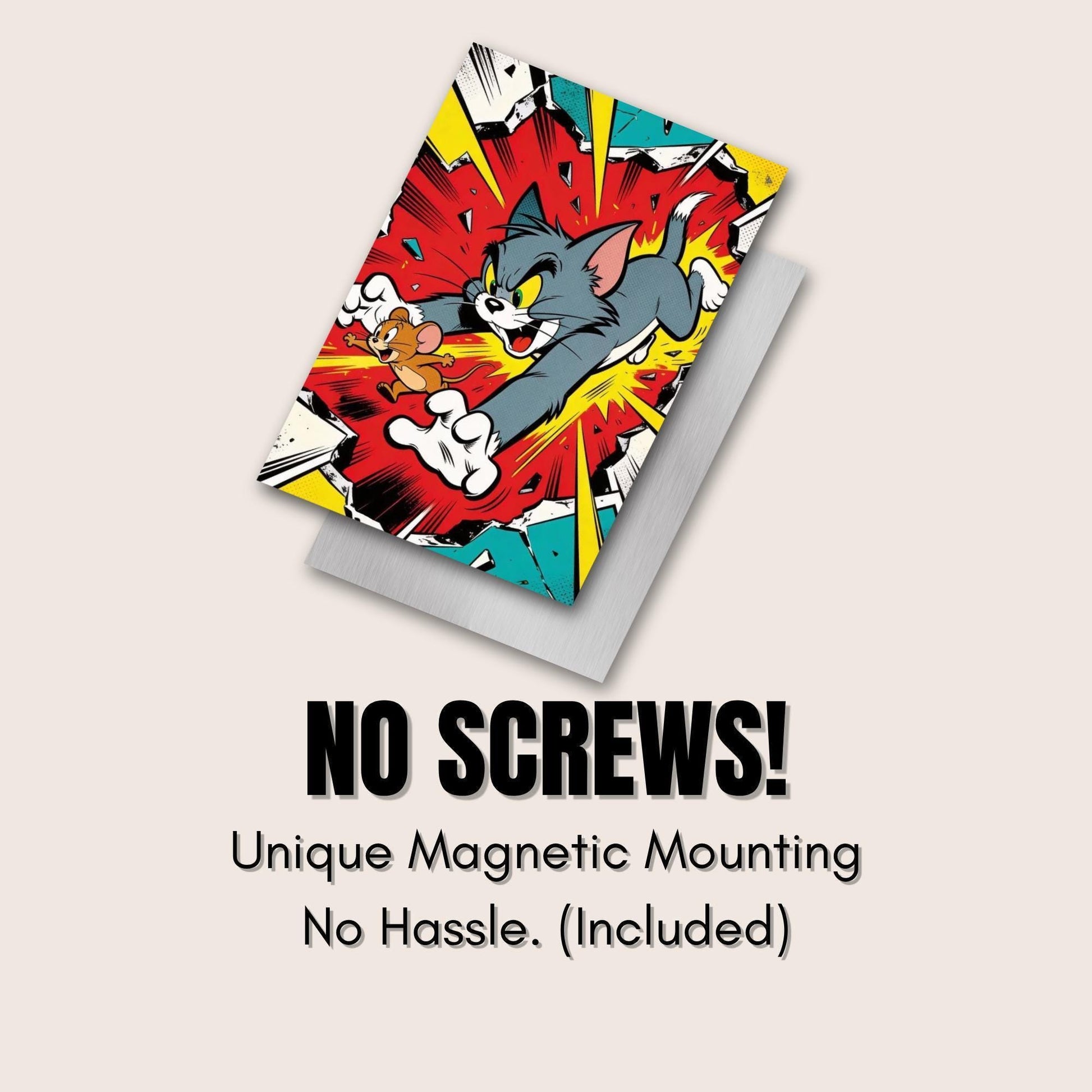 a cartoon character, specifically a cat, with a colorful and dynamic background. The text below the image reads "NO SCREWS! Unique Magnetic Mounting No Hassle (Included)".