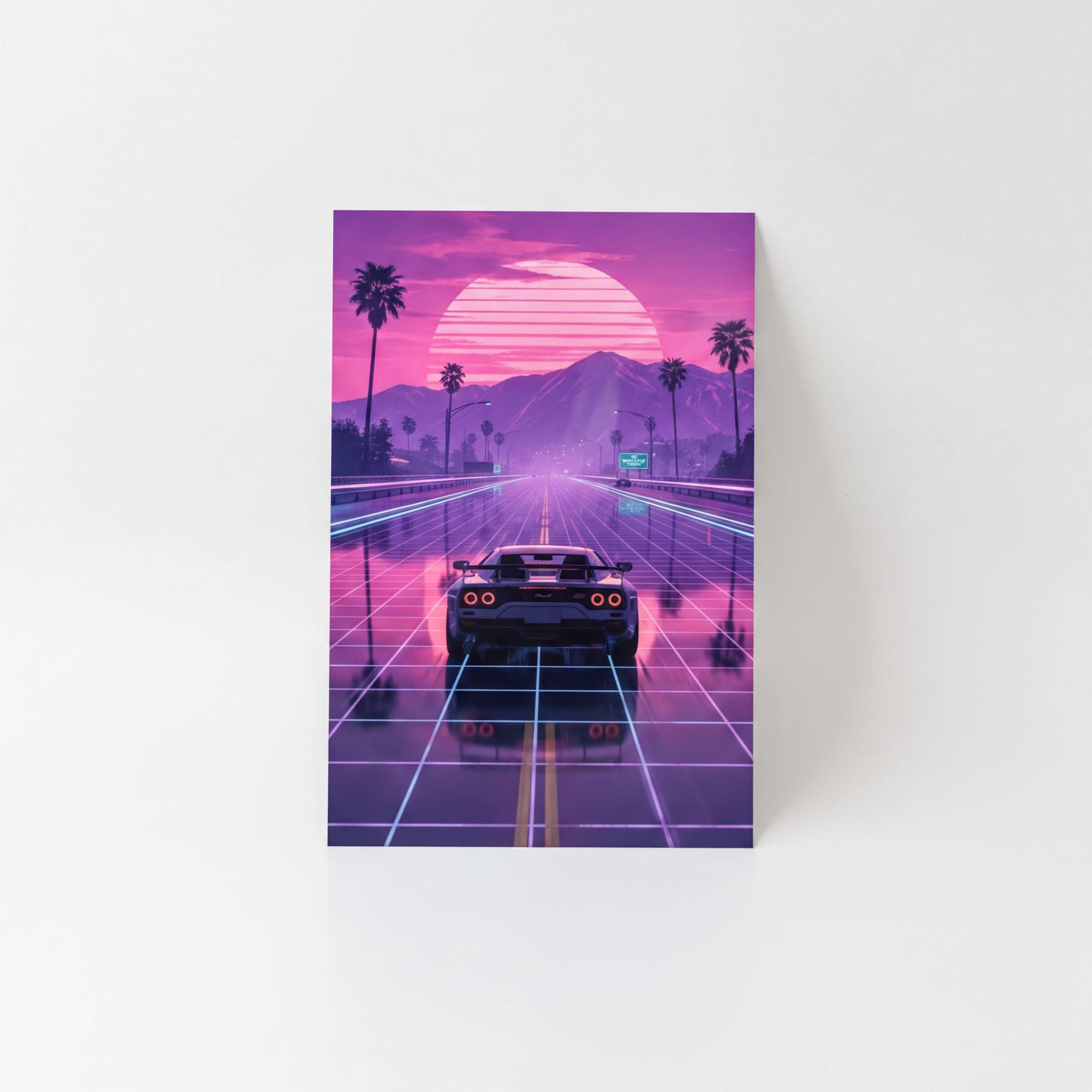 A futuristic car is driving on a road with a pink and purple sunset in the background, creating a visually striking and imaginative scene.