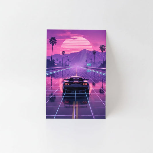 A futuristic car is driving on a road with a pink and purple sunset in the background, creating a visually striking and imaginative scene.