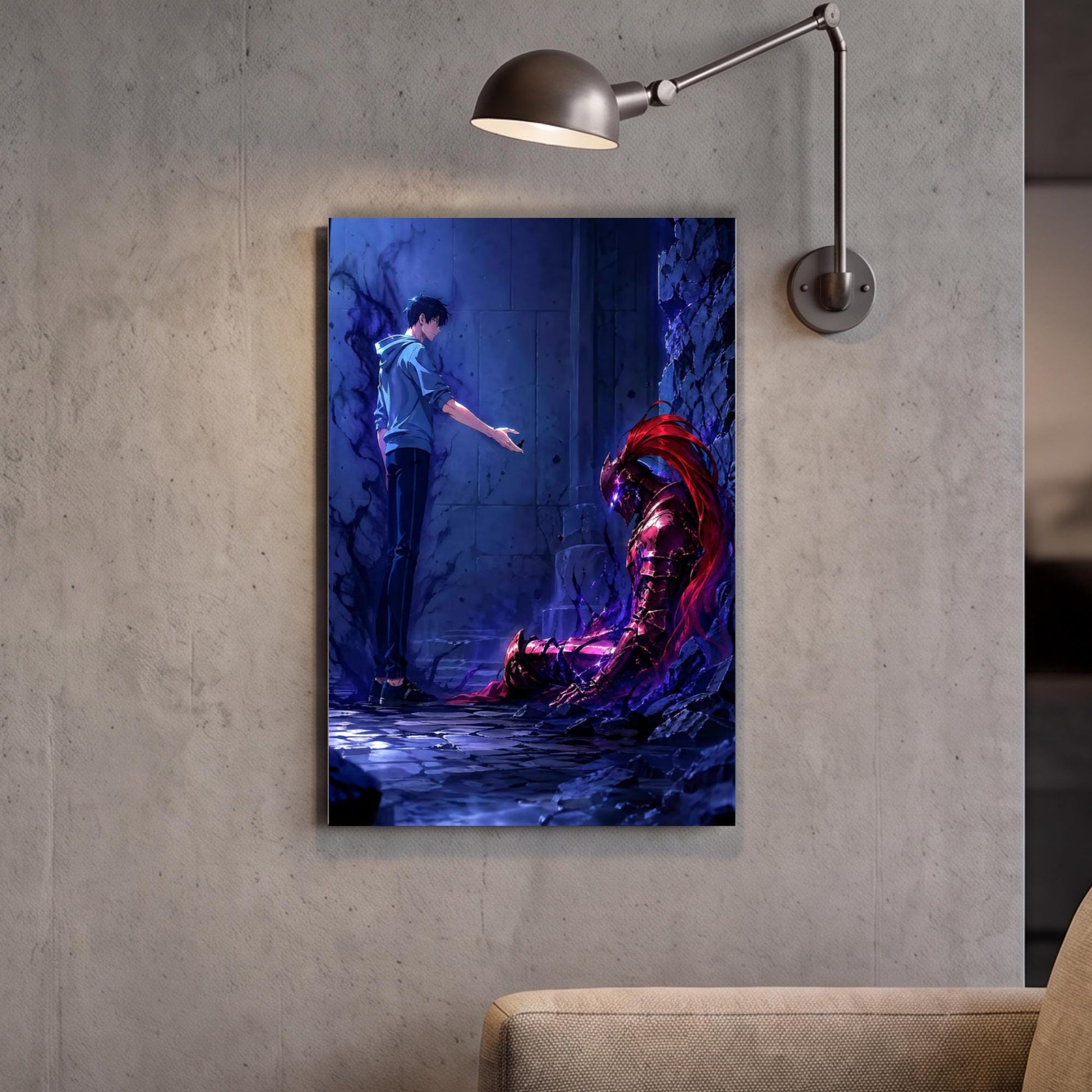 a person standing in a dark, mysterious setting, with a large, glowing creature looming in the background.